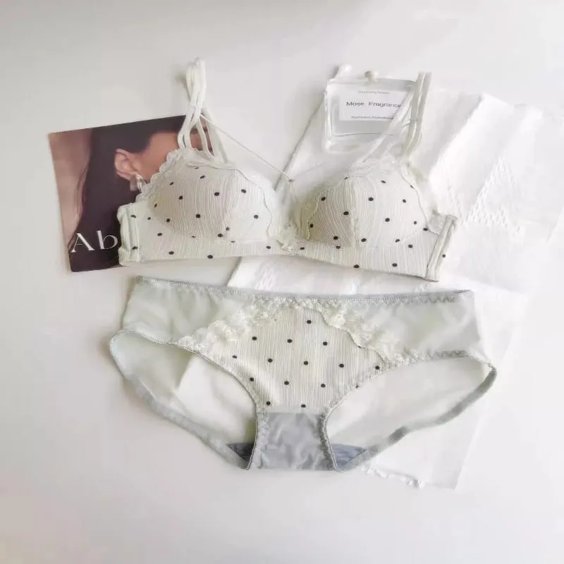 Japanese Polka Dot Underwear Set For Women Cross Back Push Up Bra Lift Support Anti Sagging Cute Fashion Petite Bust Elegance