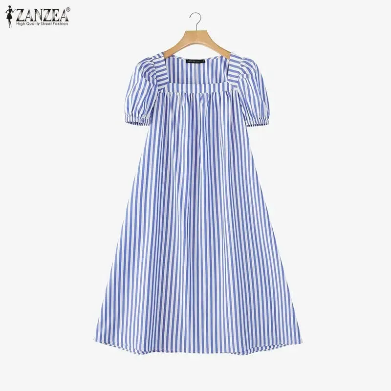 Women Summer Sundress Stylish Striped Dress 2026 Square Neck Short Sleeve Midi Robe Elegant Casual Holiday Beach Dresses