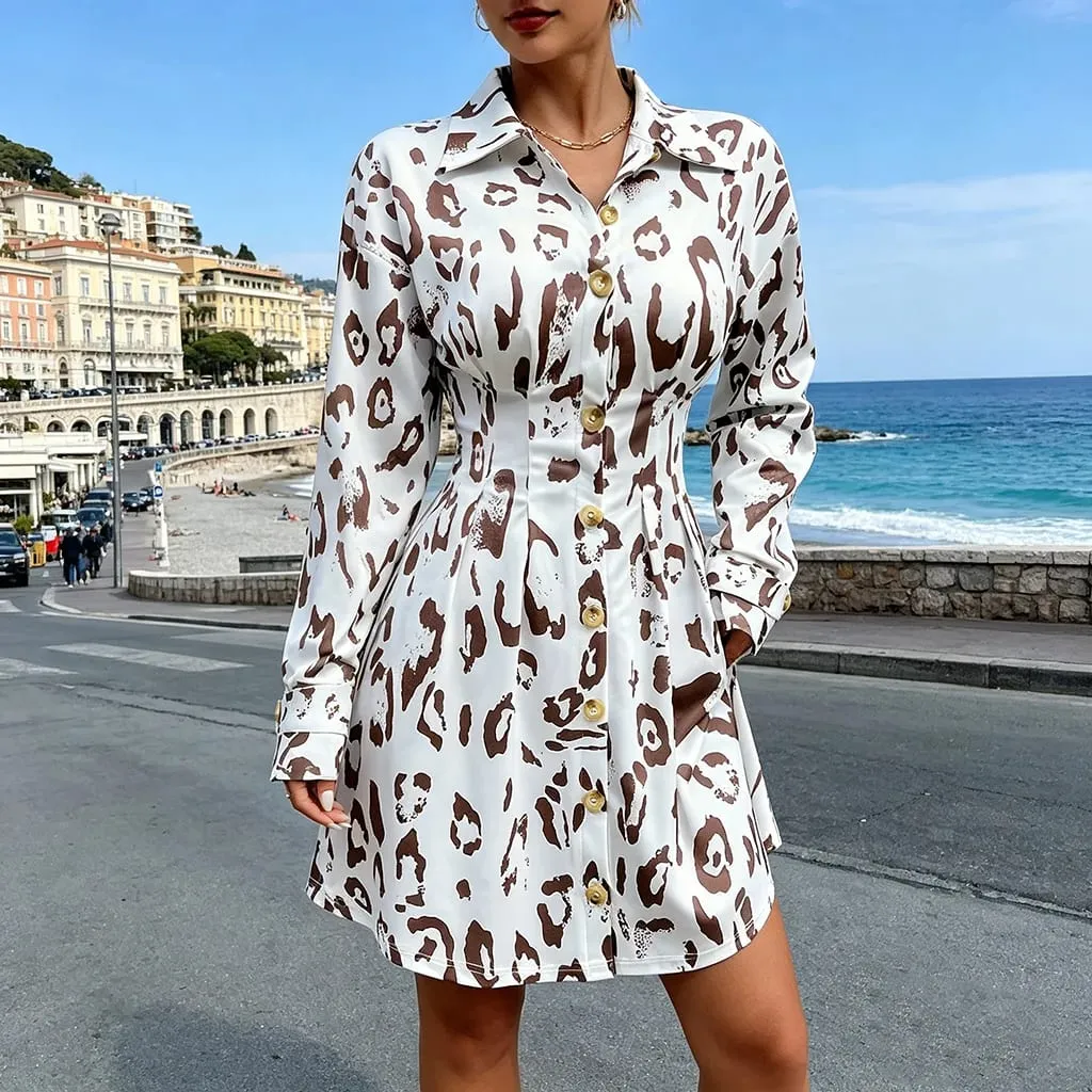 2026 New Women Leopard Print Shirt Dress Long Sleeve Turn-Down Collar Button Up Waist Mini Dress Casual Office Elegant Dresses