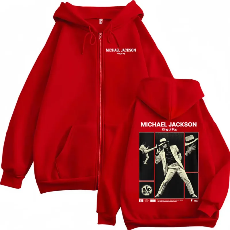 Michael Jackson King Of Pop Zip Up Hoodie Pakaian Pria Klasik Vintage Jaket Kaus Harajuku Bulu Ritsleting Berkerudung Mantel