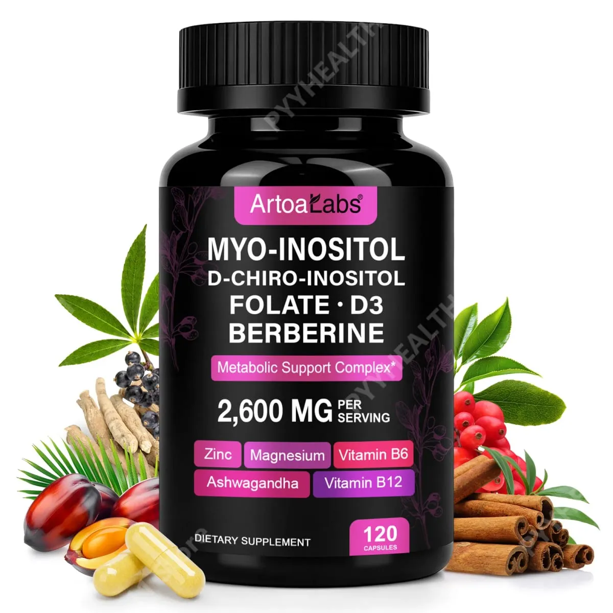ArtoaLabs Myo & D-Chiro Inositol Capsules with Berberine Ashwagandha Metabolism & Women's Wellness Support 120 Capsules — image 1