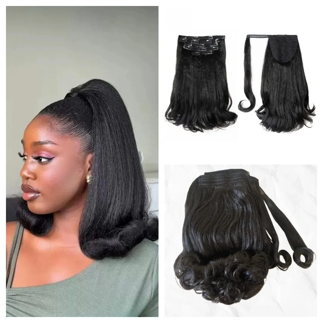 Lydia 6PCS All-In-One 17Clips-In Hair Extension Wrap Around Kinky Straight Tail Warping Curly Synthetic Ponytail Hairpieces Wig