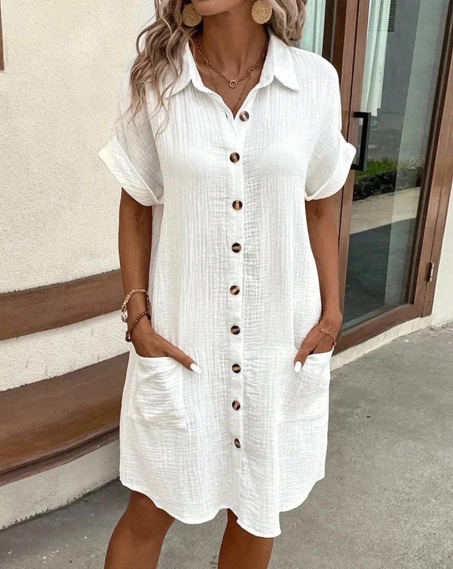 Kadınlar için moda Gevşek Elbise Tek Göğüslü Raglan Kollu Cepli Elbiseler Kadın Yaz Tunik Kısa Gömlek Elbise Ofis Bayan
