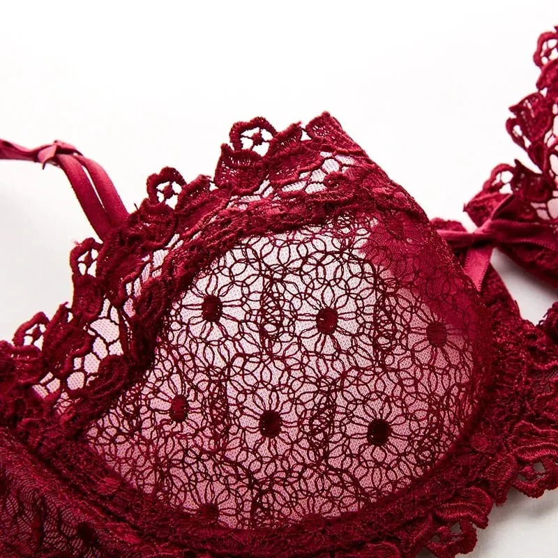 Plus Size Sexy Half Cup Lace Bra Sheer Mesh Unlined Bralette for Women A D Cup Invisible Push Up Underwire Lingerie Set