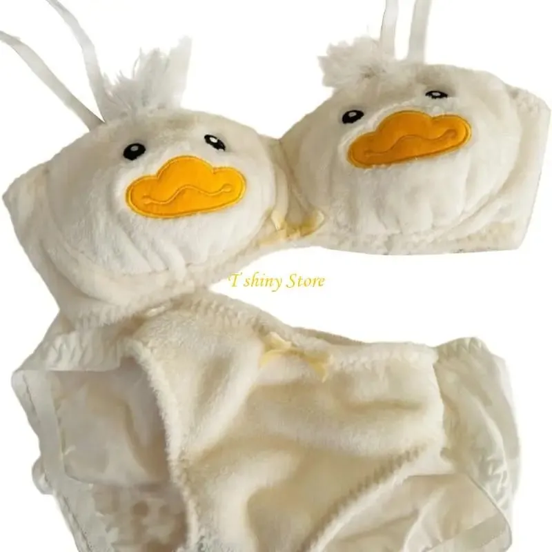 2Pcs Women's Anime Plush Bra and Panty Set Cute Cartoon Duck Pattern Furry Underwear Japanese Cosplay Intimates Lingerie