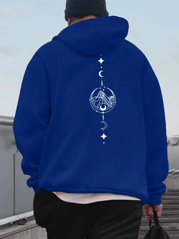Men Celestial Mountain Back Print Hoodie Moon Star Vertical Line Art Graphic Hooded Sweatshirt Casual Outdoor Streetwear Kangaro