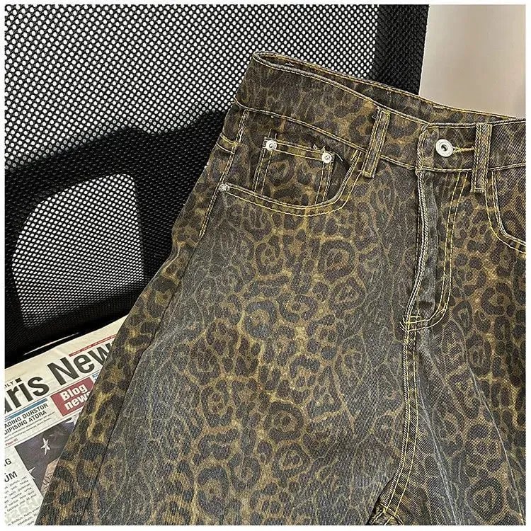 American Vintage High Street Men's Leopard Casual Trendy Loose Wide Leg Straight Denim Trousers Male Simple Basic Jeans Pants