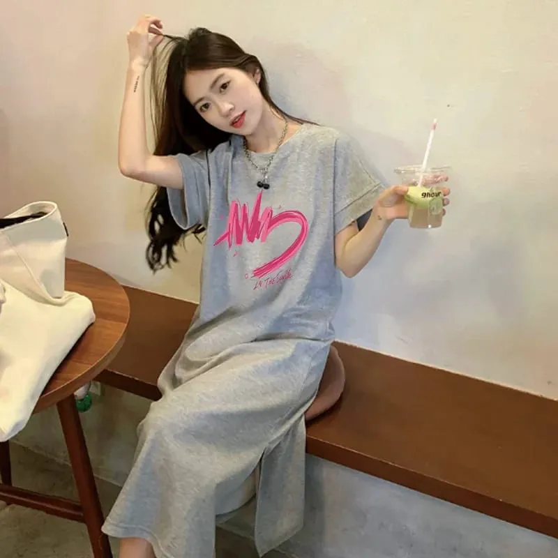 Women Summer Casual T‑Shirt Dress Short Sleeve Round Neck Letter Print Loose Long Maxi Dress Streetwear Oversized Sundress