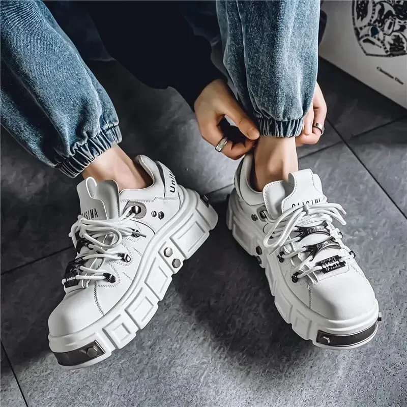 Shoes for Men Metal Punk Platform Sneakers Fashion Designer Brand Thick Soled Board Shoes Clunky Leather Shoes Zapatos De Hombre
