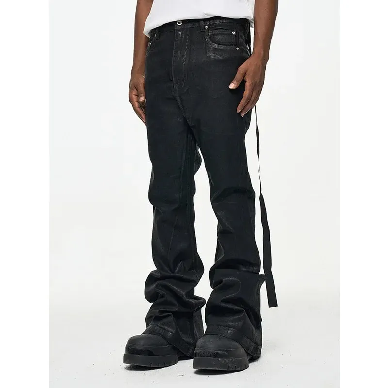 Mens High Street Vinyl Coated Black Jeans Crease Textured Wide Leg Boot Cut Slim Fit Casual Streetwear Pants