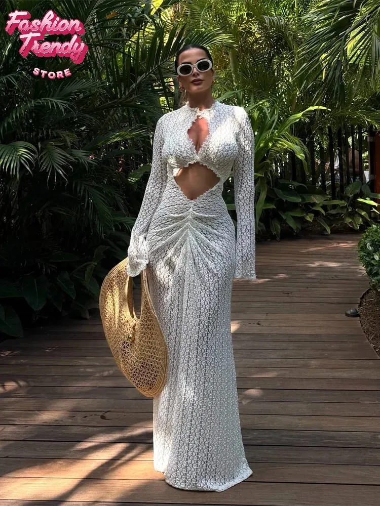 Fashion Hollowed-out Lace Patchwork Dress Women Solid O-neck Long Sleeve Pleated Bodycon Maxi Dresses Summer Lady Vacation Gown