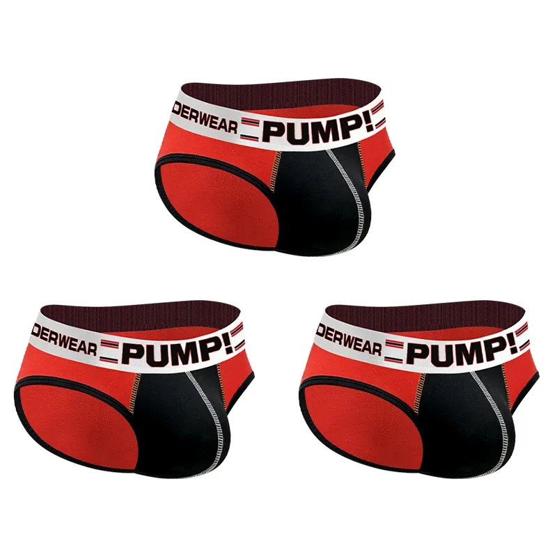 Men's Cotton Color Block Briefs, Pump! Logo Wide Waistband Low Rise Sexy 3D Convex Pouch Underwear