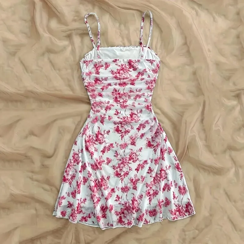 Verão feminino elegante floral mini vestido moda dobra cintura alta magro a linha vestidos senhora sexy sem costas cinta de espaguete vestido de verão