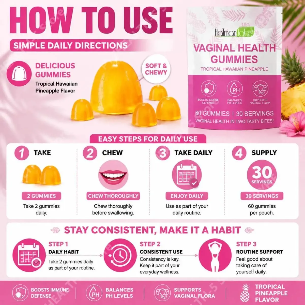 HalmanLabs Vaginal Health Gummies with Probiotics and Vitamin C Balances PH Levels and Supports Vaginal Flora - 60 Gummies
