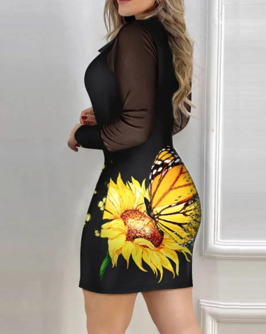 Long Sleeve Mesh Floral Print Bodycon Dress Elegant Slim Fit Mini Dress for Party Daily Wear — image 4