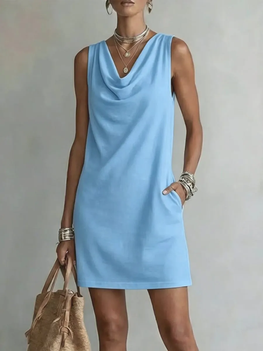 Women Casual Loose V-Neck Sleeveless Pocket Ruffles Dress Spring Summer Vest Tank Midi Dresses