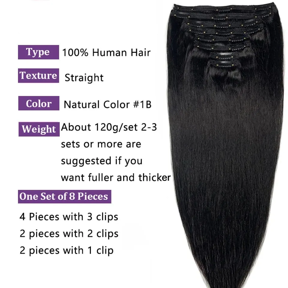 Clip Ins Straight Seamless Brazilian Human Hair Extensions 10A Brazilian Virgin Human Hair 8 Pcs Clip In Extensions 120G/Pack — image 3