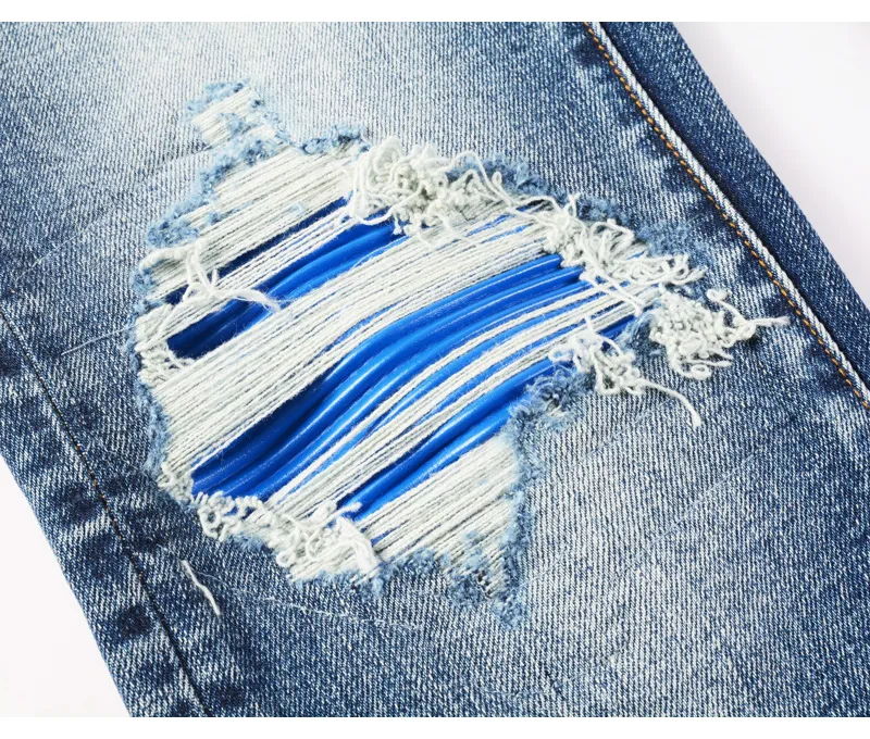 Fashionable New Men's Retro Blue Jeans With Pleated Elastic Perforated Blue Leather Patch Tight Tapered Pants Y2K