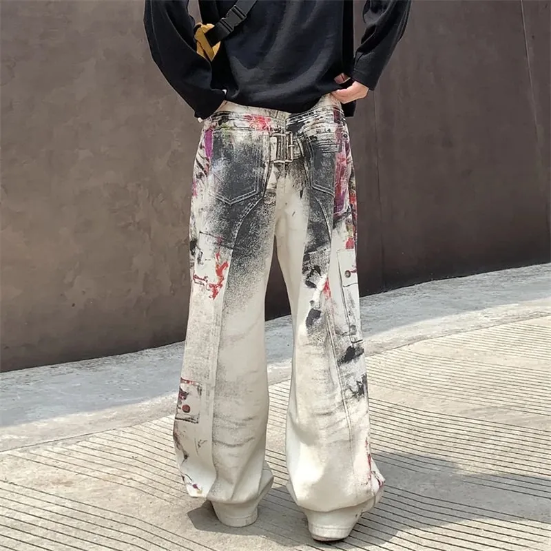 Edgy Men's Splatter Paint Jeans Black White Print Wide Leg Baggy Fit Distressed Streetwear Premium Denim Pants 9X2984
