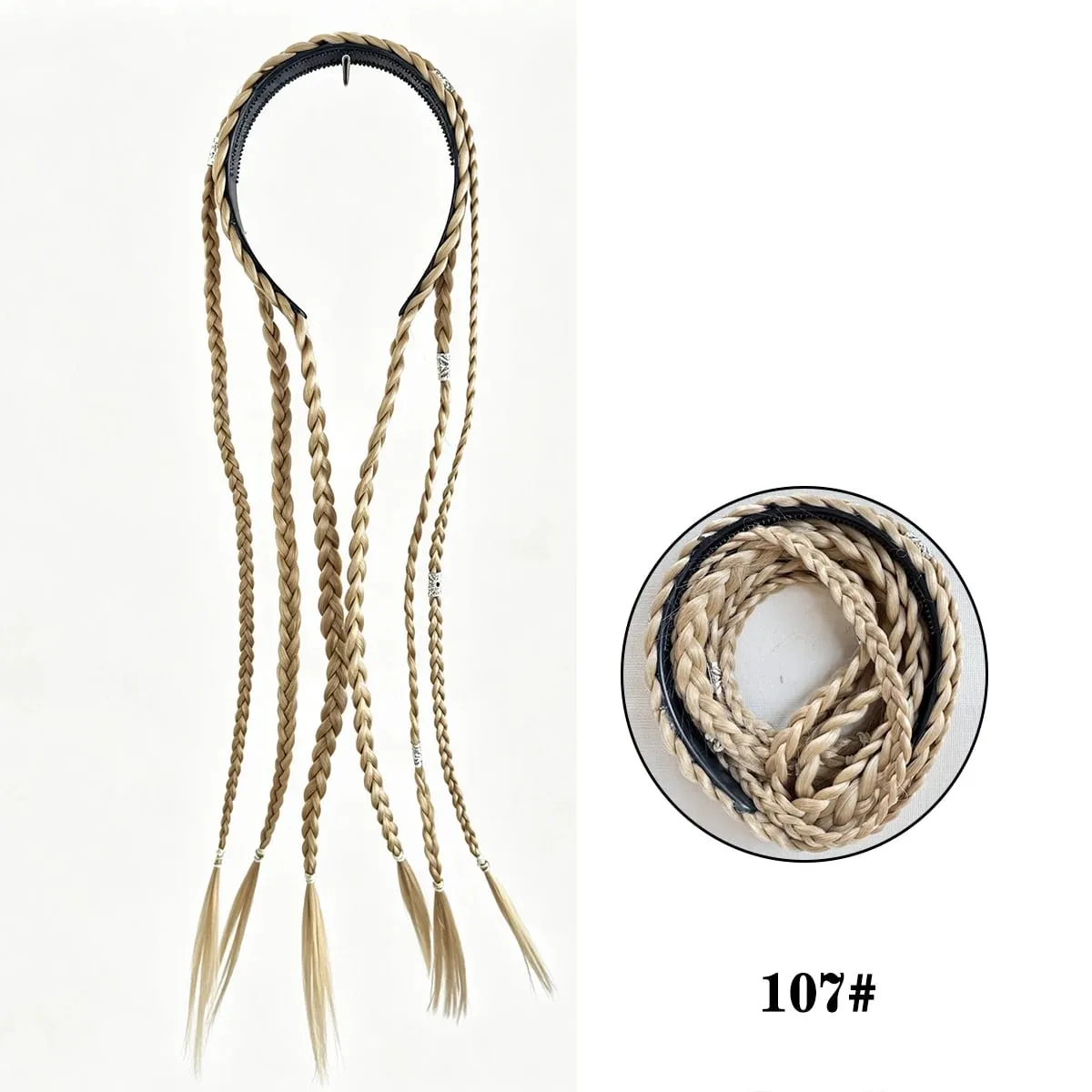 Synthetic Braided Headband Wig Braids Hairband With Decorative Silver Rings Long Box Braid Headband Hairpieces For Women Daily