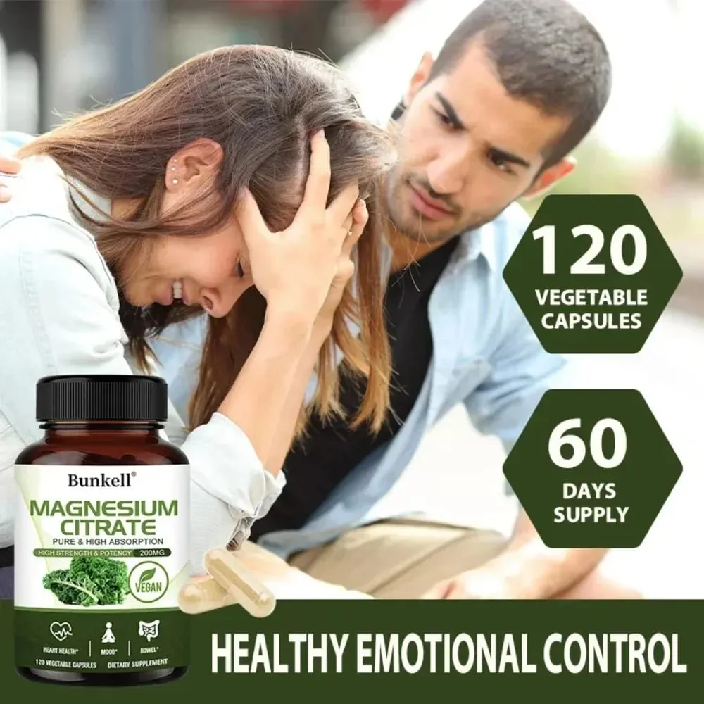 Magnesium Citrate Capsules 200 Mg - Maximum Absorption for Muscle Nerve Bone and Heart Health Gluten Free Non-GMO