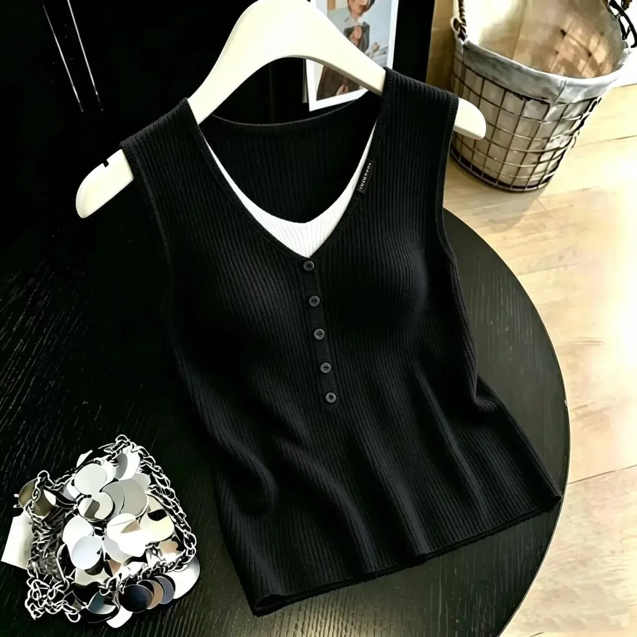 zjaiss Color Block Versatile V Neck Camis 2026 Summer Ice Silk Women Camisole Thin Layer Outer Wear Fake Two Piece Knit Tank Top
