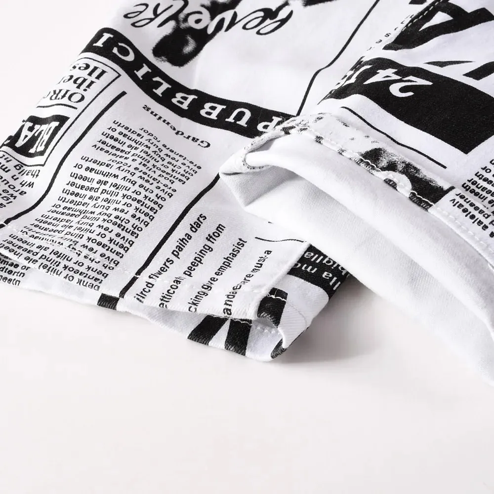 Men Newspaper Print Jeans Fashion Letters White Denim Pants Casual Slim Tapered Costume Trousers