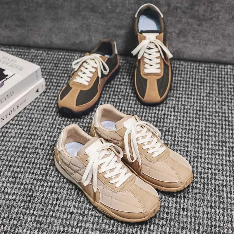 Spring Summer Men Sneakers Retro Suede Texture Stitching Casual Shoes Lace Up Flat Board Shoes Minimalist Lightweight Footwear