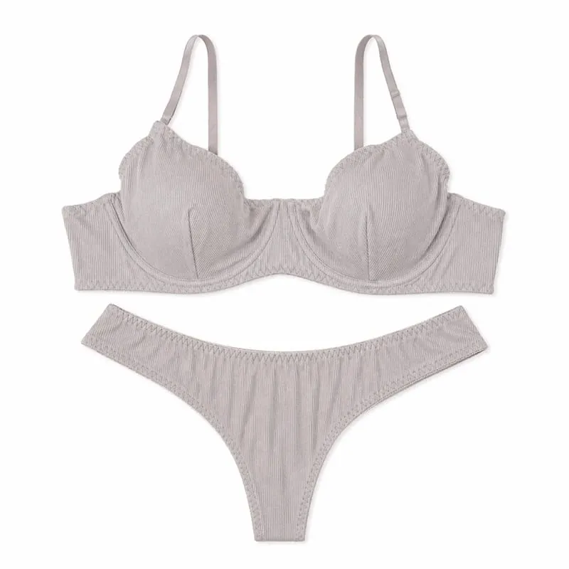 Women Solid Ribbed Lingerie Set Underwire Thin Cup Bra Matching Low Rise Thong Soft Daily Intimates