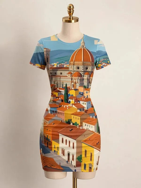 Womens Short Sleeve Bodycon Mini Dress Slim Fit Crew Neck Floral Print Casual Summer Party Cute Casual Weekend Vacation Sundress