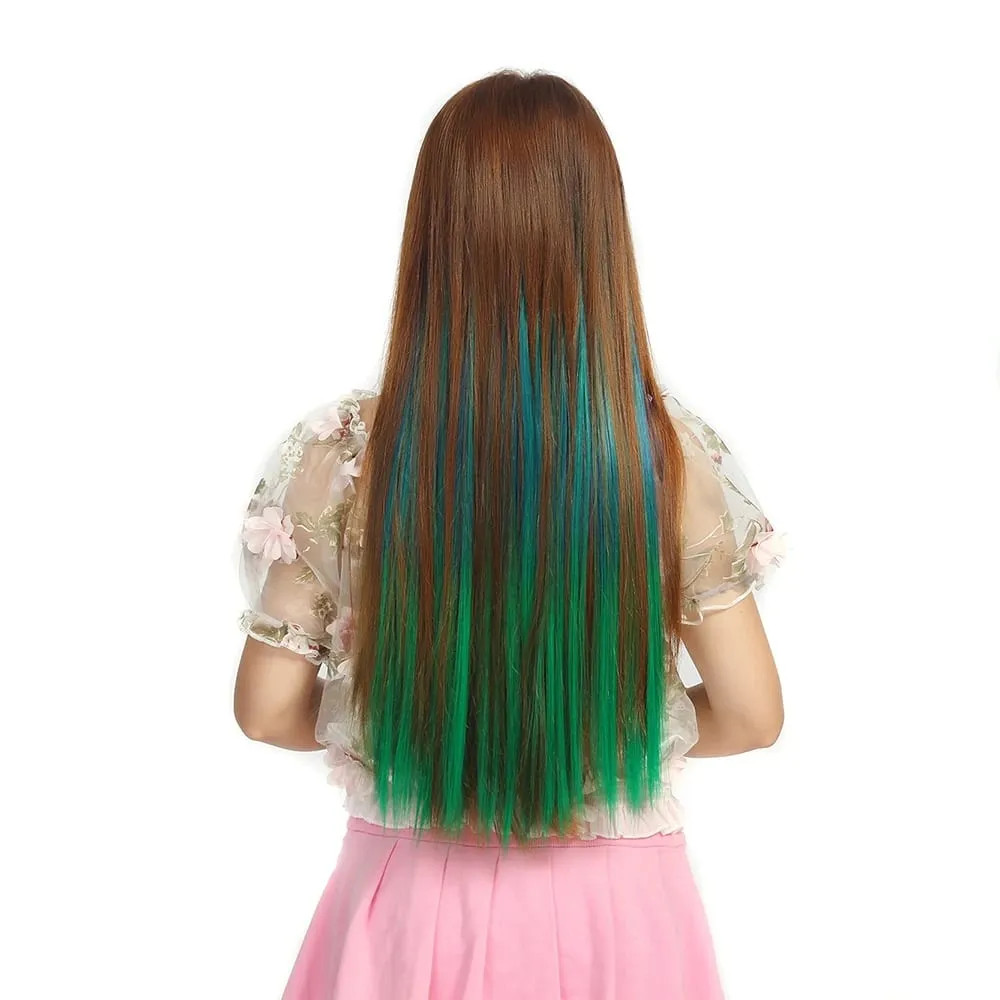Rainbow Hairpiece Clip in One Piece Hair Extension Long Straight Synthetic Black Blue Gray Green Ombre Color Hairpieces