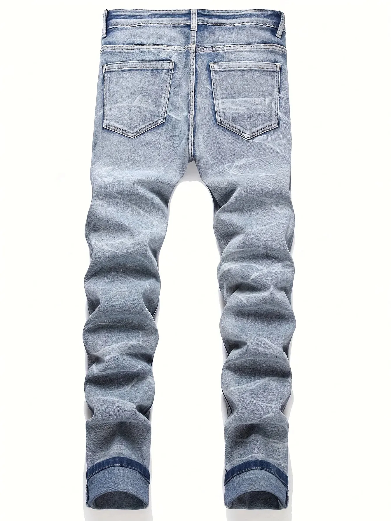 Men's Stretchy Denim Jeans Streetwear Tearing Patchwork Holes Ripped Denim Elastic Waist Casual Pants Slim Fit Straight Trousers