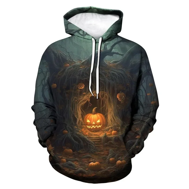 Novelty Halloween Pumpkin Graphic Hoodie Men 3D Printed Skull Sweatshirt Casual Long Sleeve Pullovers Tops Autumn Casual Hoodies