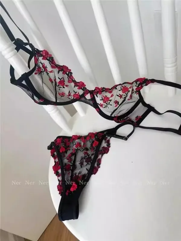 Elegant Lingerie Set-Floral Embroidery Semi-Transparent Bra & Brief Black Sensual Women's Underwear Luxury Intimates