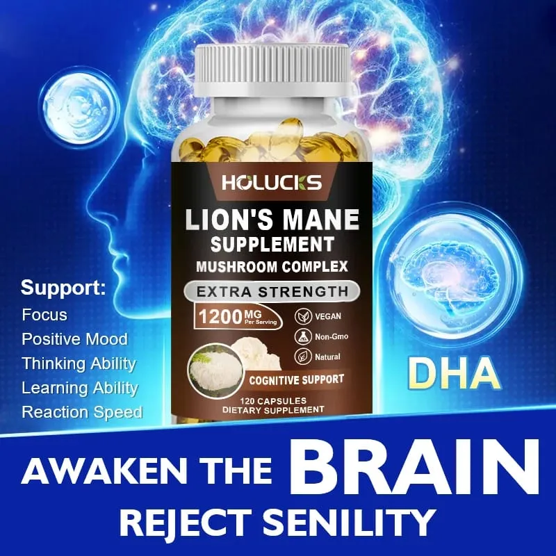 Lion's Mane Mushroom Complex Capsules for Focus Support & Immune Health Improve Memory Protect Brain Nerves Relieve Stress