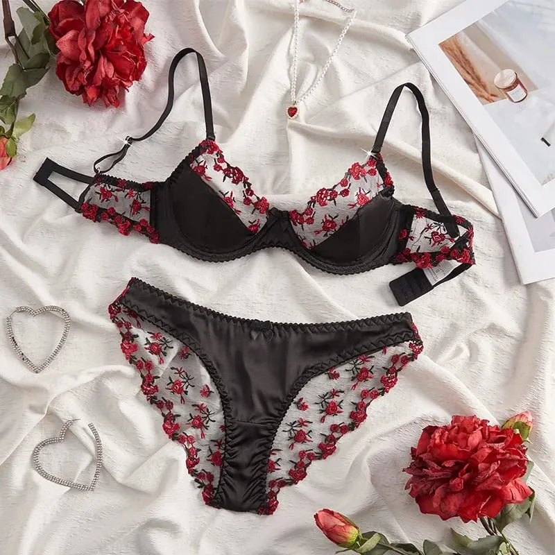 Sexy Lingerie Rose Embroidery Romantic Women's Underwear Tulle Splicing See Through Lingerie Set Ultra Thin Seamless Underwear