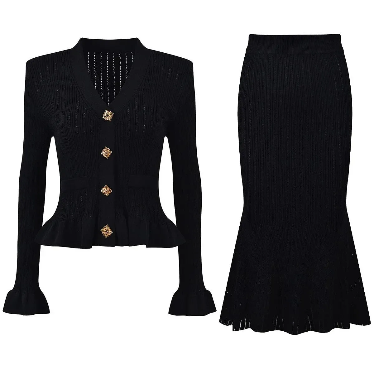 High Quality Fashionable Knitted V-Neck Slim Fit Long Sleeve Dress Set Elegant Ankle-length Sleeve Design Regular Waistline