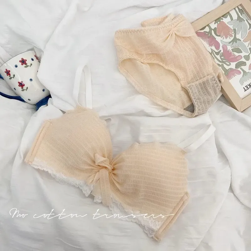 Summer Thin Lace Bra Panty Set 32‑38 No Underwire Japanese Pure‑Desire Push Up Soft Brassiere Lingerie For Girls S-XL