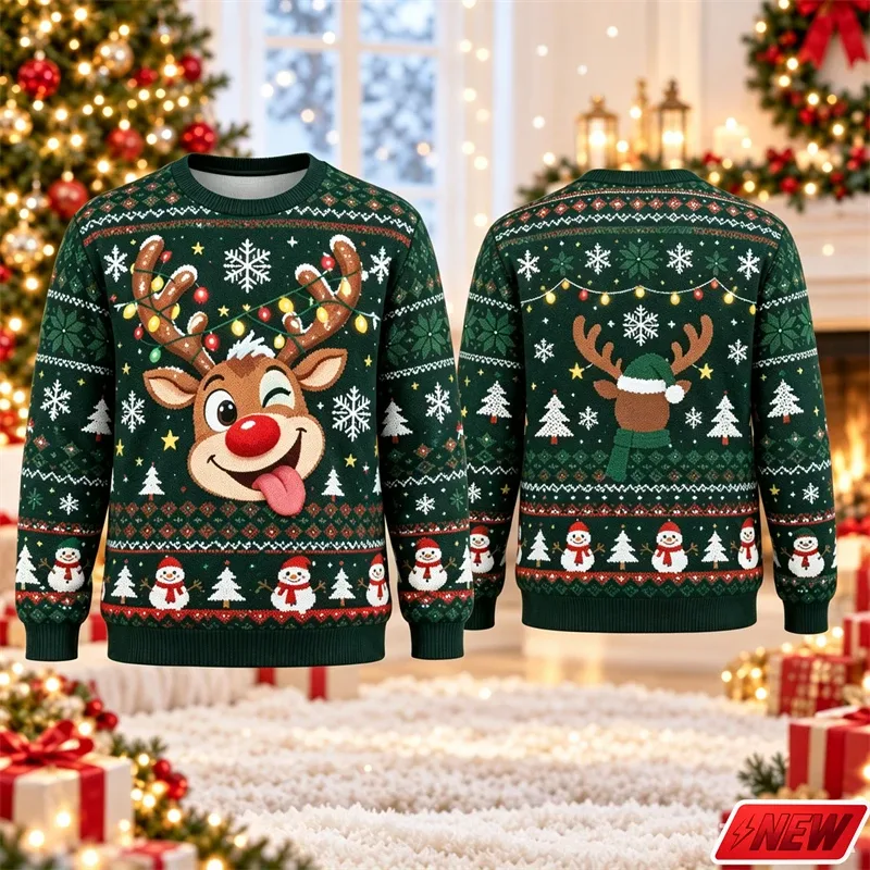 Cute Reindeer Graphic Ugly Christmas Sweater Men Women 3d Printed Christmas Tree Sweatshirt 2027 New Year Party Crew Neck Hoodie