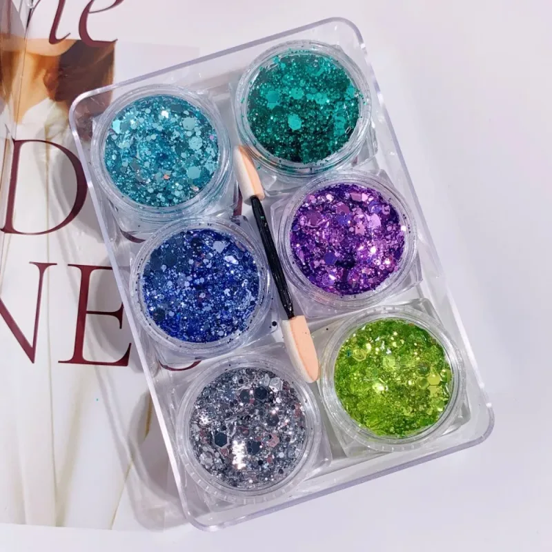 6Pcs/Set Sparkly Colorful Eye Glitter Gel Festival Glitter Face Hair Sequin Gel Cream Heart Star Moon Sequins