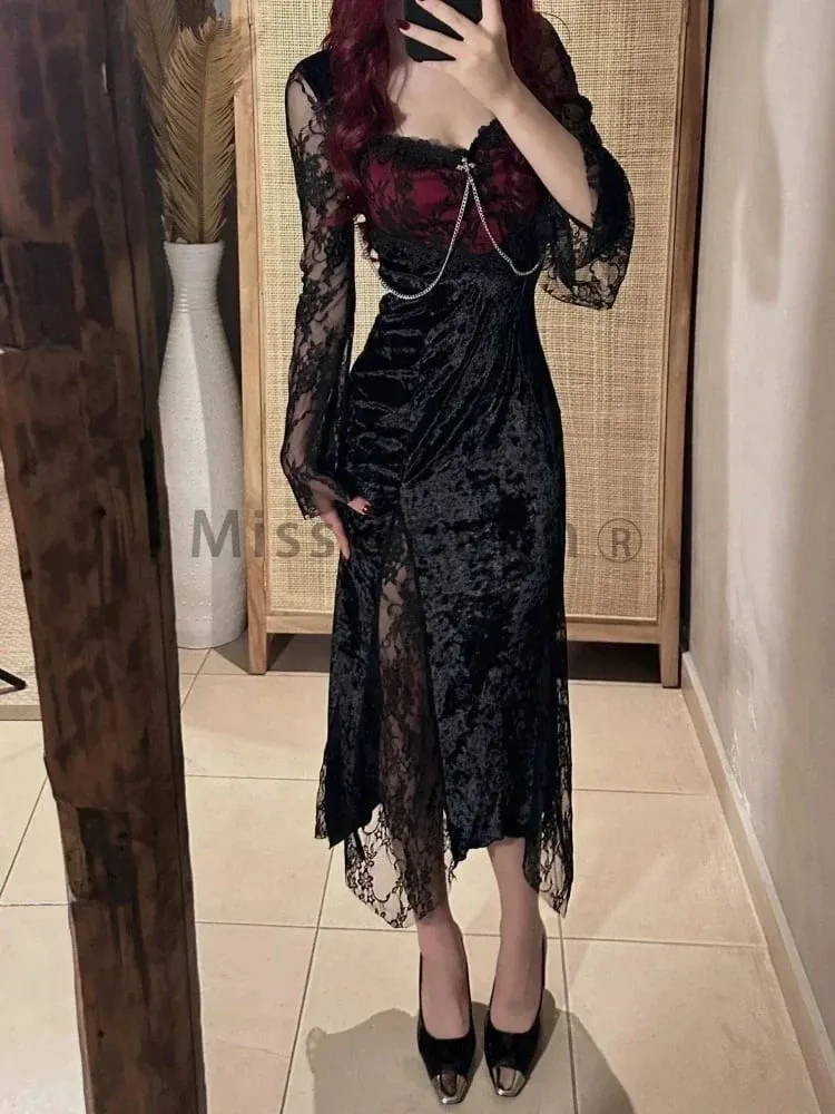 Zomer Gothic Grunge Y2k Kanten Jurk Vrouwen Donkere Academia Sexy Slanke Feestjurken Koreaanse Fashion Design Festival Lange Prom Jurk