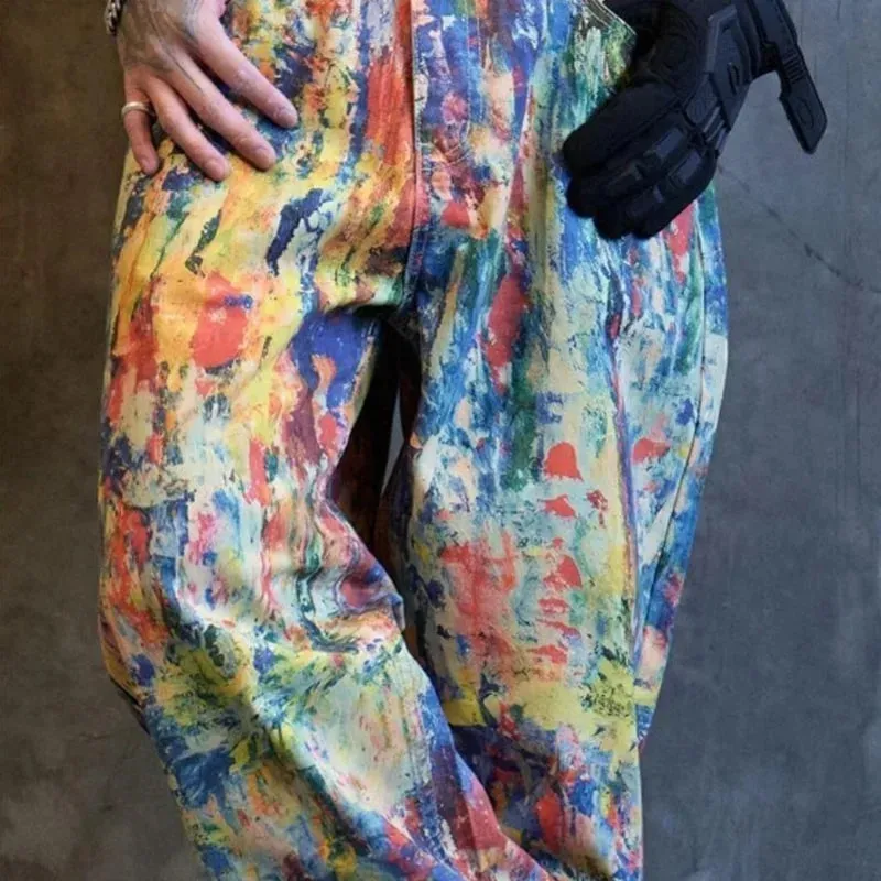 High Street Fashion Painted Graffiti Jeans Men's Mid Waist Casual Straight Leg Pants 2026 Summer New 28L2331