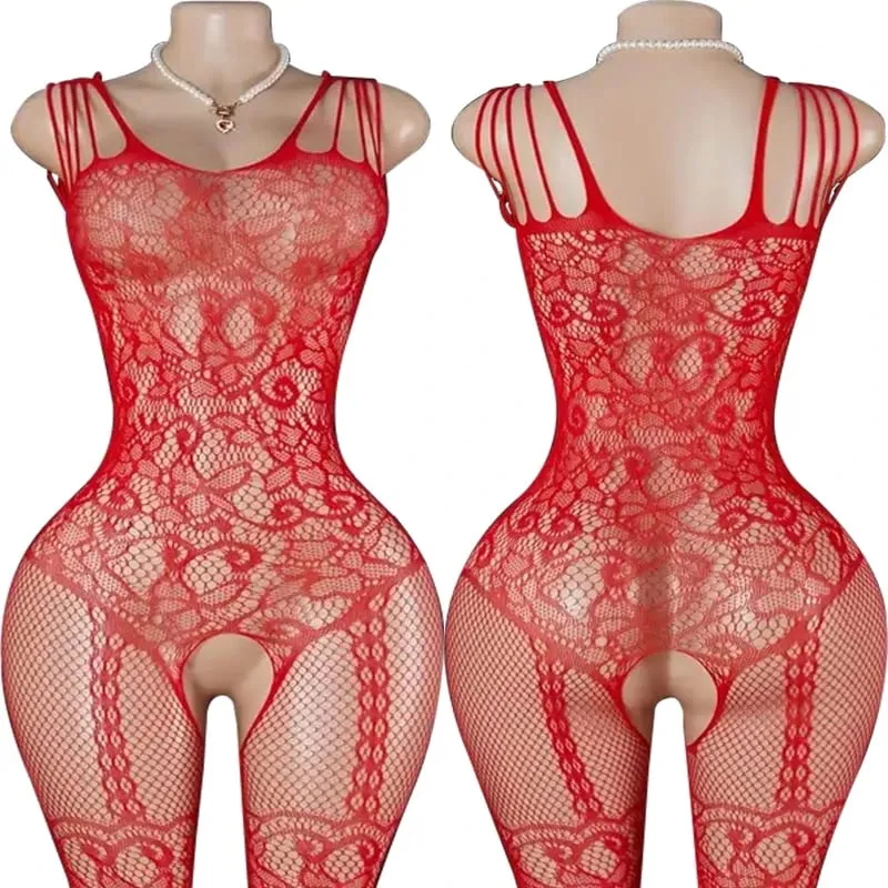 Black Fishnet Off-Shoulder Open-Crotch Bodystocking Lingerie Set Sexy Crotchless Teddy Bra Women's Erotic Underwear