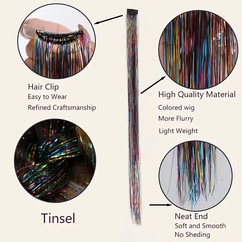 Synthetic Rainbow Tinsel Hair Extensions Clip In Shiny Glitter Wig Hairpiece for Women Party Cosplay Daily DIY Hair Accessory — image 5