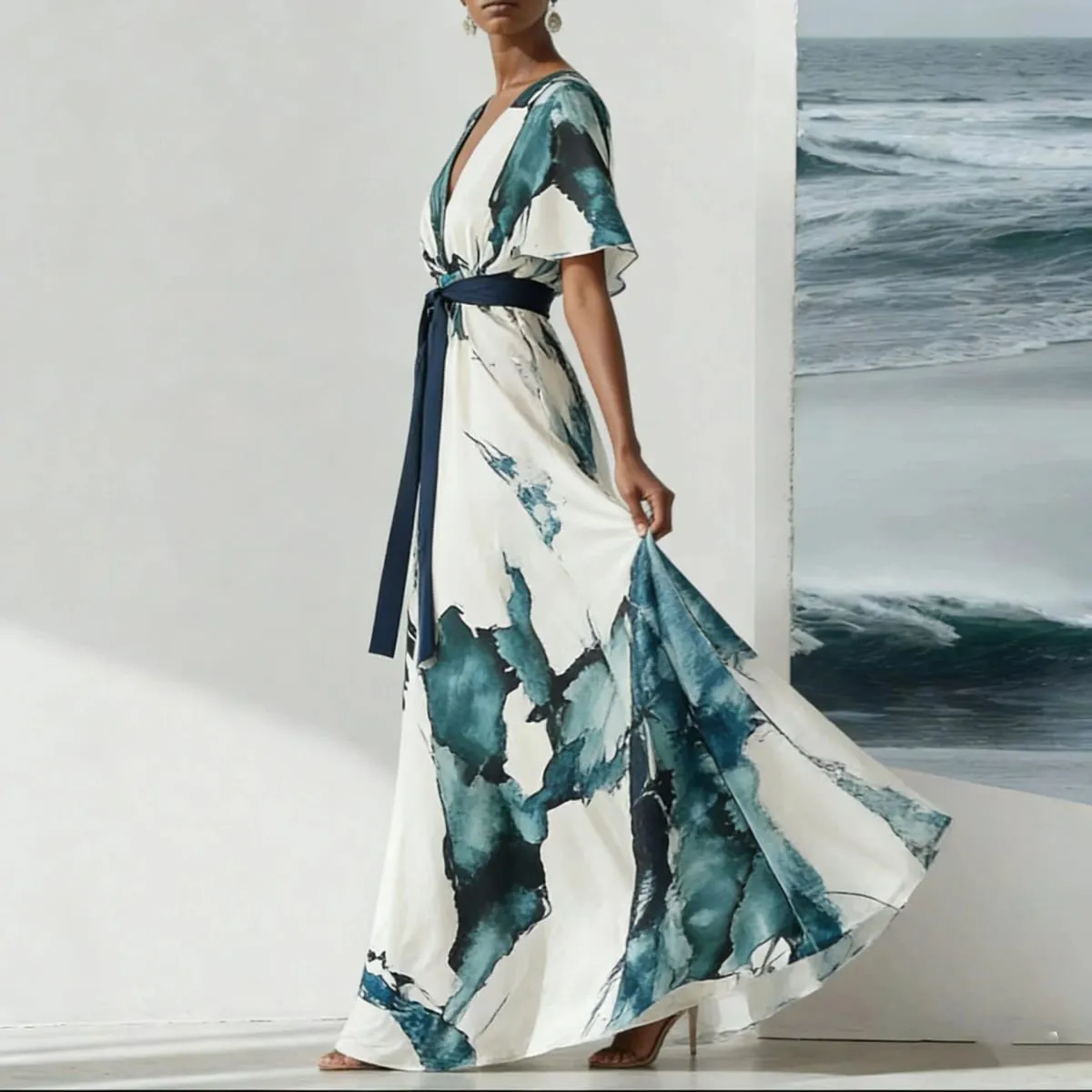 Watercolor Printed Elegant Fashion Short-sleeved Maxi Dress for Women 2026 Summer V-neck Lace-up Pleated Party Dresses Female
