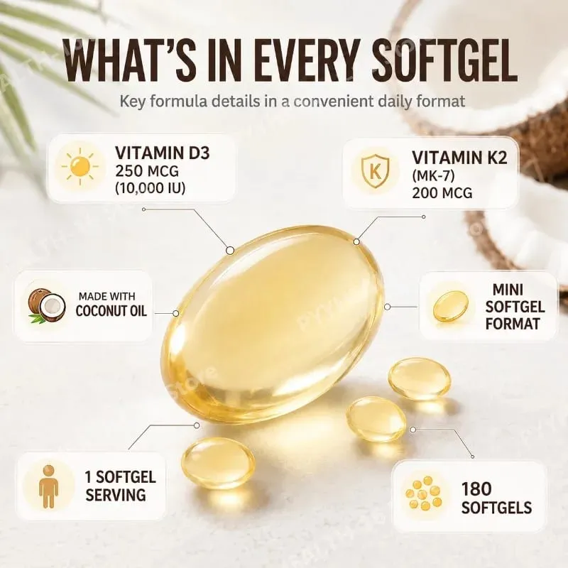 Vitamin D3 K2 Softgels with MK-7 10000 IU Vitamin D3 200mcg K2 Soy Free Gluten Free Daily Nutrition Supplement 300 Softgels