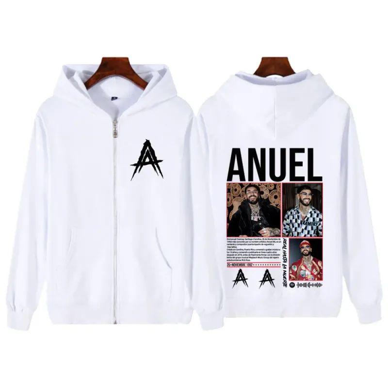Rapper Anuel AA Album Tour 2025 Vintage Graphic Zipper Hoodie Men Women Fashion Long-sleeved Casual Hip-hop Zip Up Sweatshirts
