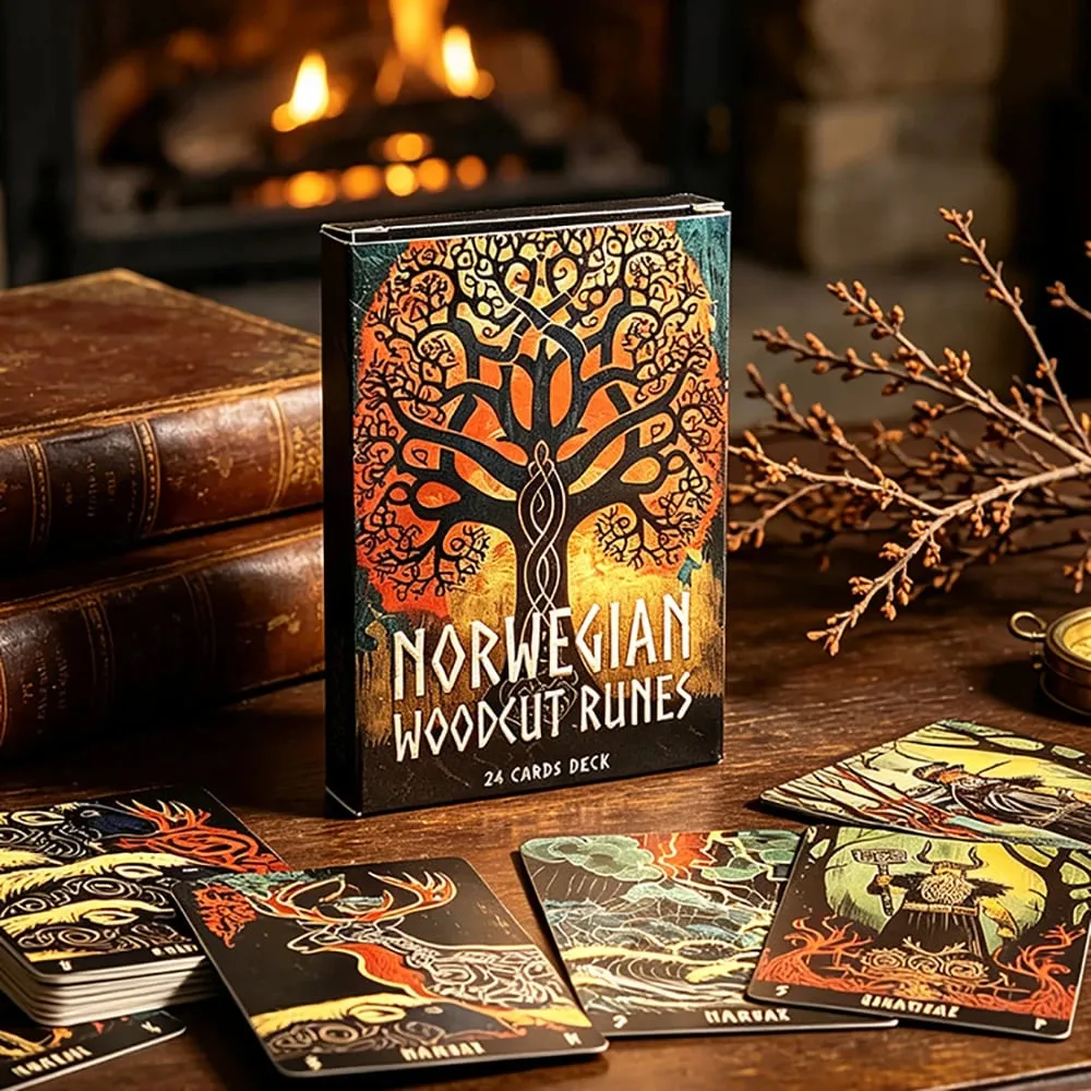 Norwegian Woodcut Runes Oracle Cards 24 Card Norse Mythology Themed Deck Divination Fortune‑Telling Card Game Board Games