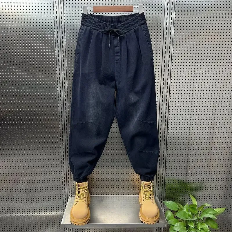 Drawstring Menswear Clothing Handsome Spring New Men's Jeans Korean Elastic Waist Buttons Decorative Fashion Harlan Pants Men