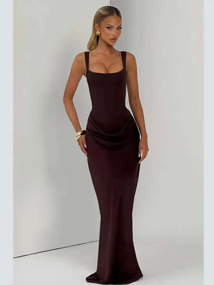 Sexy Women Square-neck Halter Maxi Dress 2026 Pleated Sleeveless Backless High Waist Bodycon Dresses New Summer Lady Party Robes